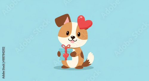 Adorable cartoon dog with heart and gift box on blue background