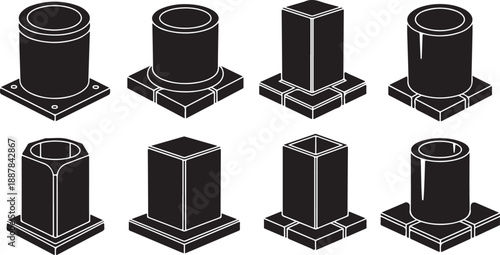 Set of 3D isometric black column shapes and bases