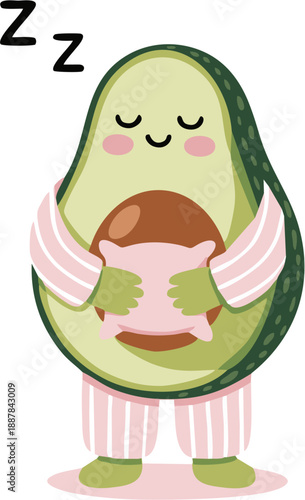 Cute sleepy avocado in pink striped pajamas holding a pillow. Pastel flat vector clipart style, perfect for nursery decor or stickers.