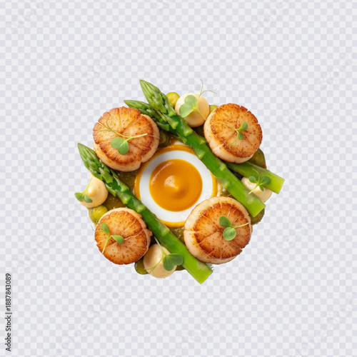 Gourmet seared scallops with a golden crust, elegantly arranged with fresh asparagus, pearl onions, and a rich central sauce for a delicious, high-end dish.