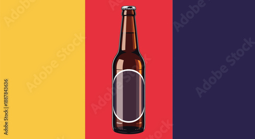 a beer bottle on a colorful background, bottle made of glass, beverage, alcohol, drinks, refreshment, glass bottle, brown glass bottle, red, yellow, blue background
