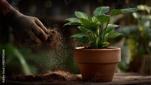 Gardening action adding soil to potted plant home nature photography indoor garden close-up perspective plant care tips