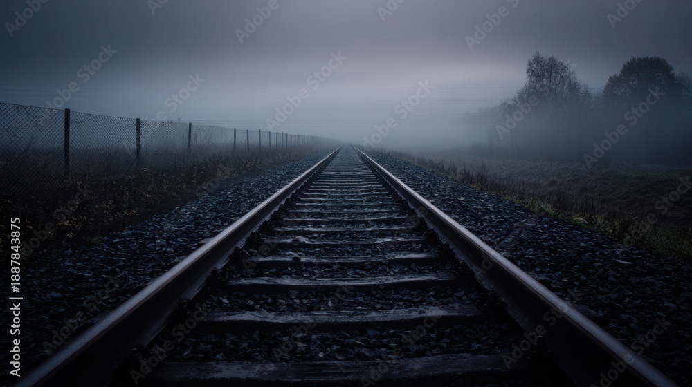 Fototapeta premium Empty railway track stretches into fog, inviting the unknown and forgotten journeys