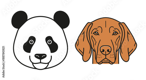 panda bear face, animal icon, minimalist illustration, vector graphic, flat design, black and white, Vizsla dog head, animal portrait, realistic digital art, warm tones, detailed rendering
