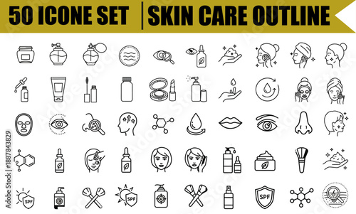 Skin care outline icon set with moisture cream, collagen, dermatology, facial treatment, beauty therapy and cosmetic care symbols, editable stroke line icons, modern outline vector illustration for sk