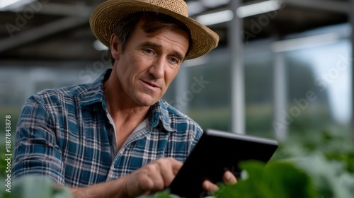 Farmer using tablet in greenhouse agriculture technology indoor growing environment close-up viewpoint for efficient crop management