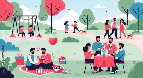 Happy family gathering in the park with picnic and playtime
