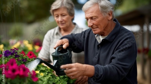 Gardening activity with seniors in a vibrant flower garden outdoor setting close-up shot nurturing nature