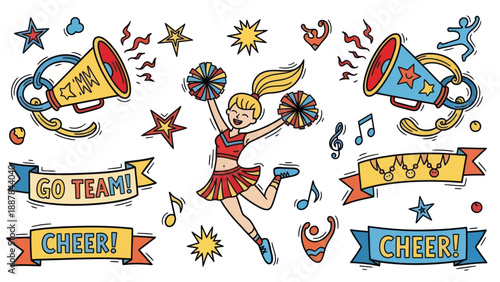 Excited Cheerleader with Pom Poms, Megaphones, and Banners