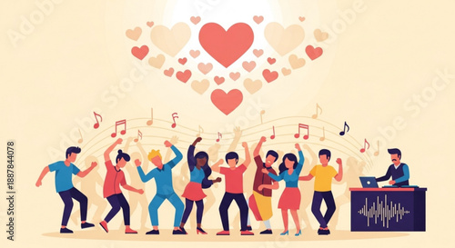 Group of people dancing and celebrating with music and hearts in air