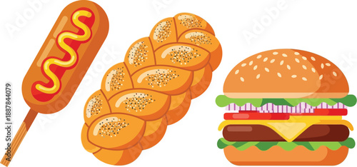 hot dog, braided bread, cheeseburger
