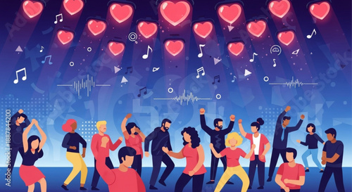 People dancing with hearts and music notes in background illustration