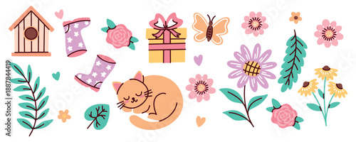 Vibrant spring summer set with domestic animals and wildflowers