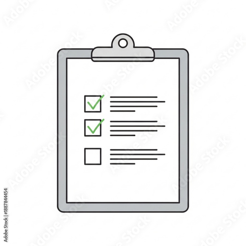 A gray clipboard with a checklist on a piece of paper icon