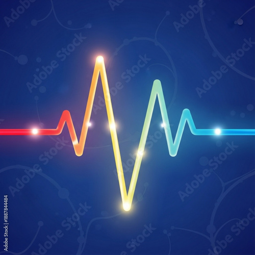 Colorful ecg heartbeat line graph with glowing points on blue background