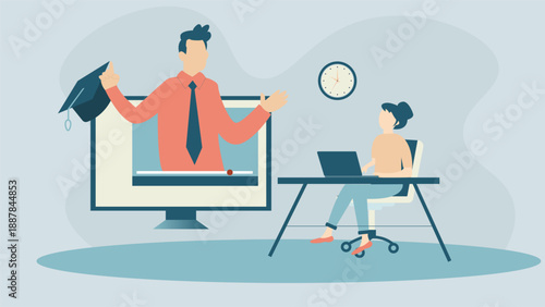 Flat online education background showing virtual teacher on screen student studying at desk laptop digital learning concept for elearning webinar and remote classes