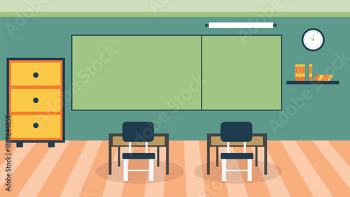 Modern flat classroom interior background showing school desks chairs blackboard wall clock shelf ideal for education learning presentation website banner