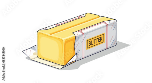 Unwrapped stick of yellow butter with paper packaging on a white background