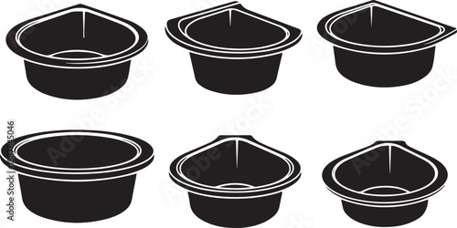 Six black bowls with lids in various positions shown