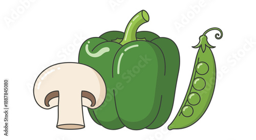 Fresh green bell pepper, mushroom, and pea pod on a white background