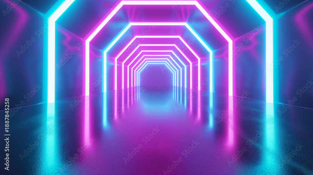 Fototapeta premium Futuristic Hexagonal Neon Tunnel with Cool Blue and Violet High Tech Lighting