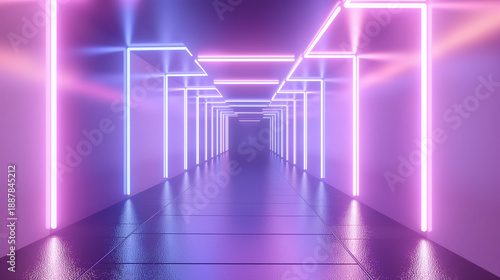 Futuristic Hexagonal Neon Tunnel with Cool Blue and Violet High Tech Lighting