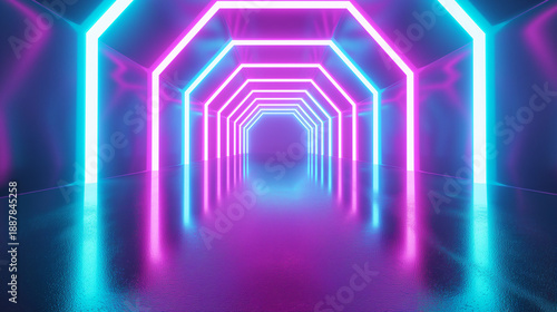 Futuristic Hexagonal Neon Tunnel with Cool Blue and Violet High Tech Lighting