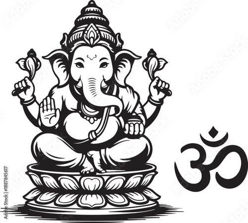 Hand drawn illustration of hindu god ganesha with sacred om symbol