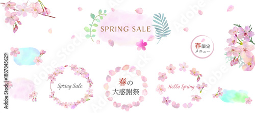 春の桜の手描き水彩のフレームセット　ベクターイラスト　白背景　桜のリース　広告　チラシ　カード