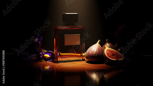 Luxurious perfume bottle with rich fragrance notes of fresh fig and delicate purple irises, elegantly displayed in dramatic low-key studio lighting for a sophisticated aesthetic
