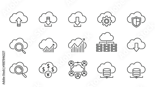 Collection of minimal line art icons representing various essential cloud computing services including data storage security searching finance and network management
