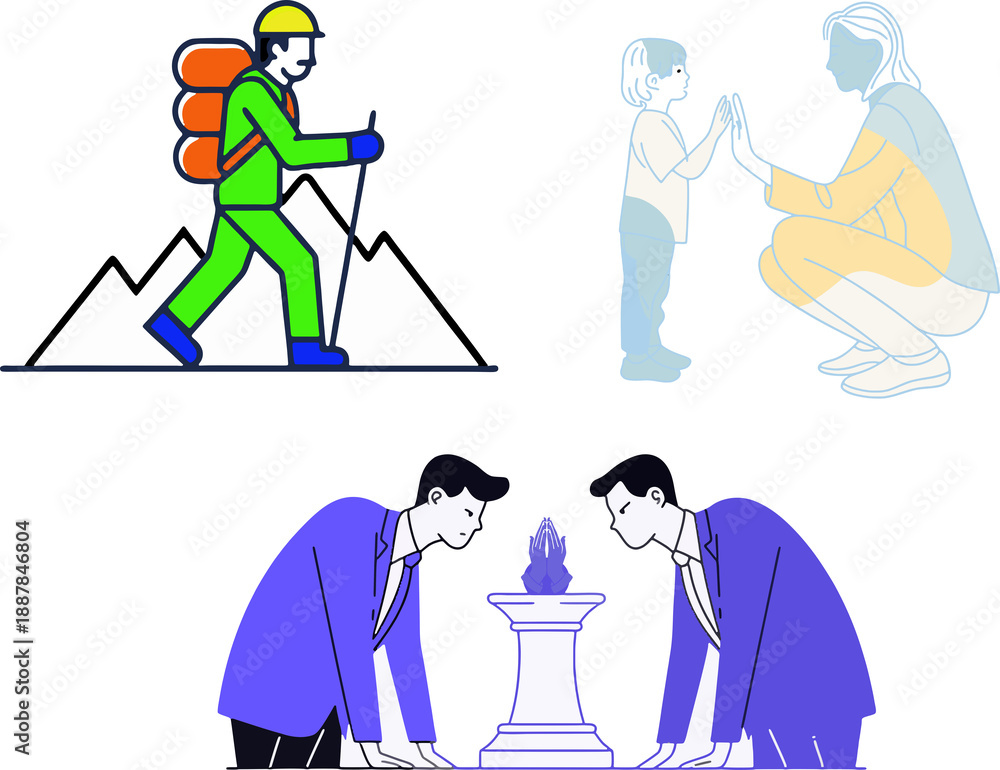 Fototapeta premium Business partnership, teamwork, and adventure icons, colorful illustrations