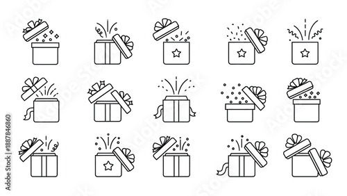 Collection of outline icons depicting various opening gift boxes with confetti stars and sparkles symbolizing surprise celebration and holiday excitement