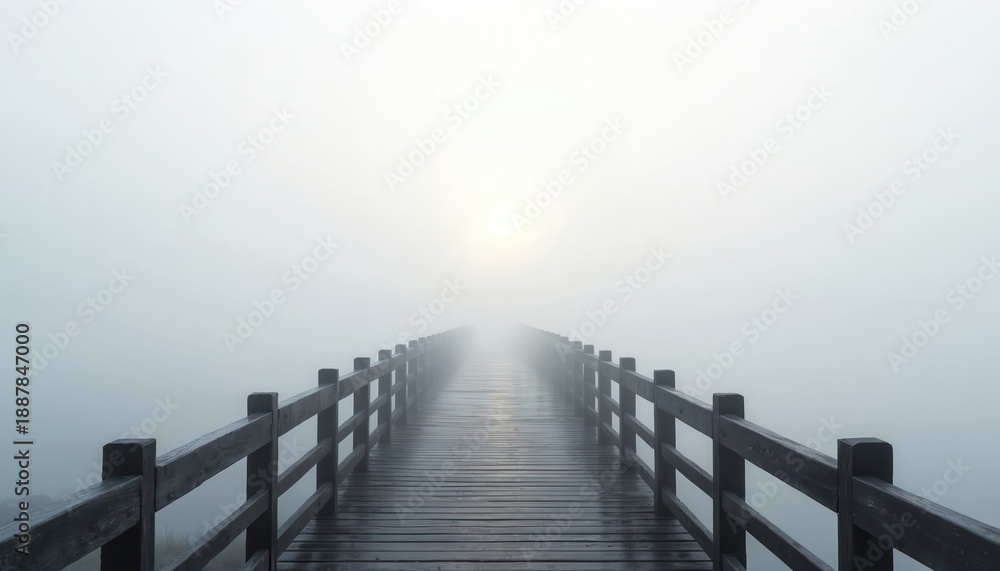 Fototapeta premium Wooden boardwalk recedes into dense fog creating sense of mystery and calm. Sun glows faintly through mist, illuminating pathway over water, offering tranquil journey.