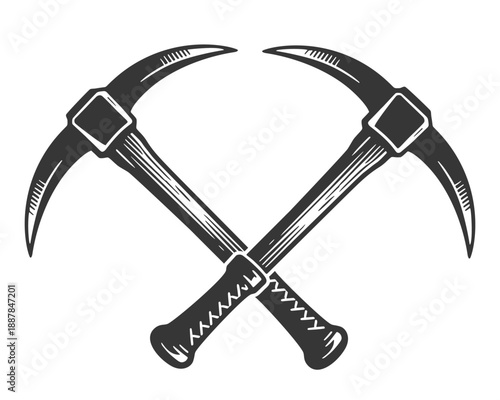 Crossed Vintage Pickaxes in Detailed Black and White Engraving Style, Vector Illustration