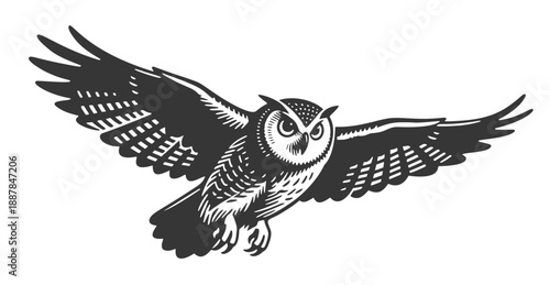 Majestic Flying Owl with Spread Wings, Black and White Vector Illustration