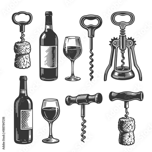 Collection of Vintage Corkscrews, Wine Bottle and Glasses in Engraving Style