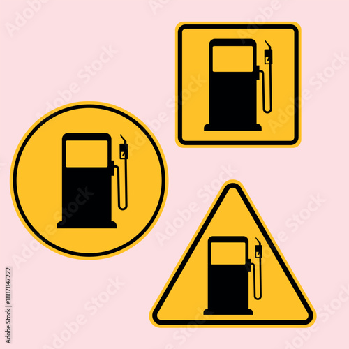 Gas Station Icons Set in Circle Square and Triangle Shapes on Yellow Background