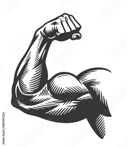 Flexed Muscular Bicep Arm with Clenched Fist in Vintage Engraving Style