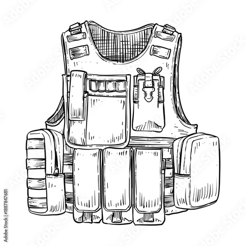 tactical molle vest vector line art hand drawn illustration