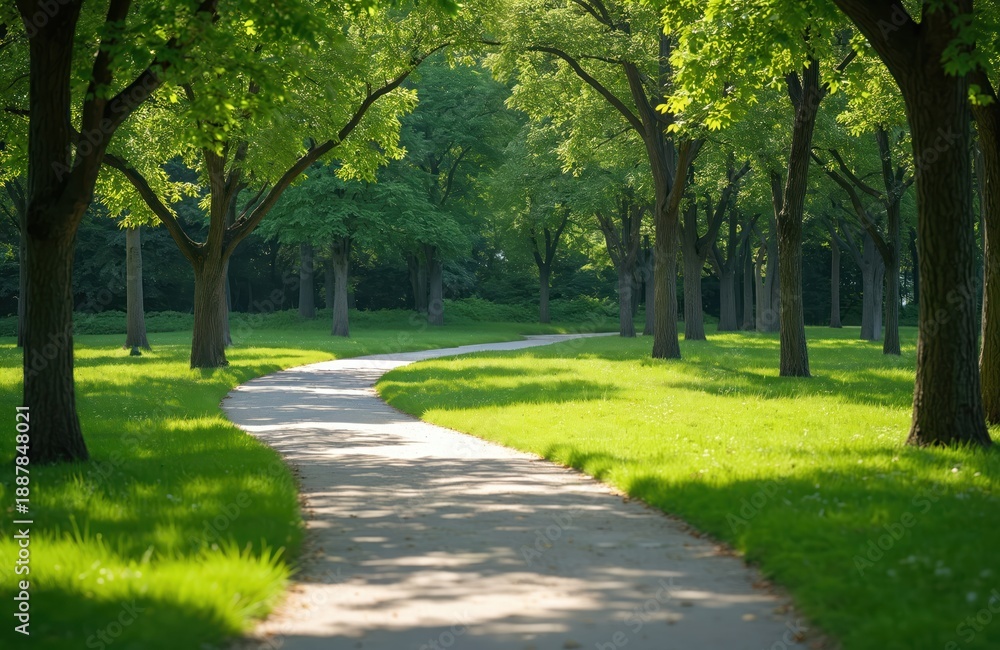 Fototapeta premium Curving pathway through lush green city park lined with mature trees casting shadows on grass. Sunlight filters through leaves, creating dappled light on walkway and lawn.