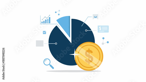 Pie Chart and Coins Financial Data Concept