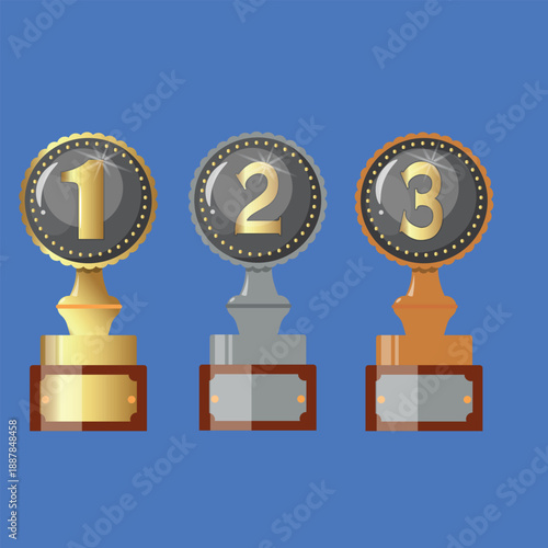Set of Gold, Silver and Bronze Winner Trophies with First, Second and Third Place Medals