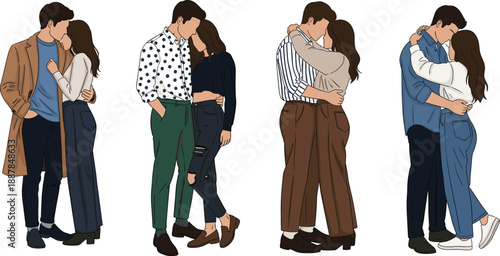 Romantic couples embracing illustration, young lovers hugging, modern fashion, relationship affection, emotional bonding, love story, flat vector people, lifestyle concept