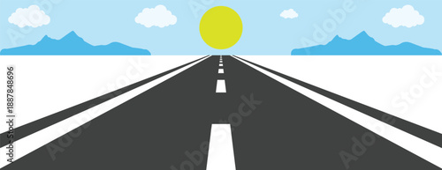 Modern highway road perspective leading to city skyline cloud, sun vector illustration,  minimal flat vector landscape design with mountains, trees, sunset colors, urban travel background concept