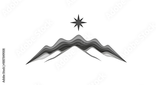 Mountain range illustration with stylized star above, depicted in layered, abstracted black and white design, viewed from a frontal perspective