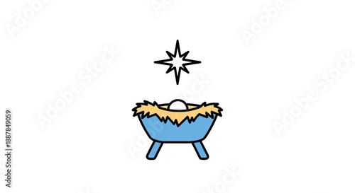 Nativity scene of baby Jesus in manger with star above, simple illustration from front view