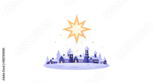 A serene winter landscape illustration of a mystical castle under a radiant star, viewed from a slight elevation, jan 22 eps reference.