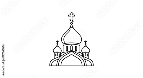 Illustration of a church building with domes and a cross on top viewed from the front