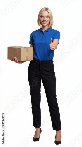 Delivery person smiles and gives a thumbs up while holding a cardboard box, showcasing service efficiency